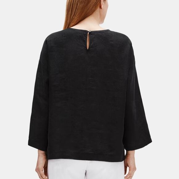 Eileen Fisher Organic Linen Round Neck Box Top L Black - Picture 11 of 12